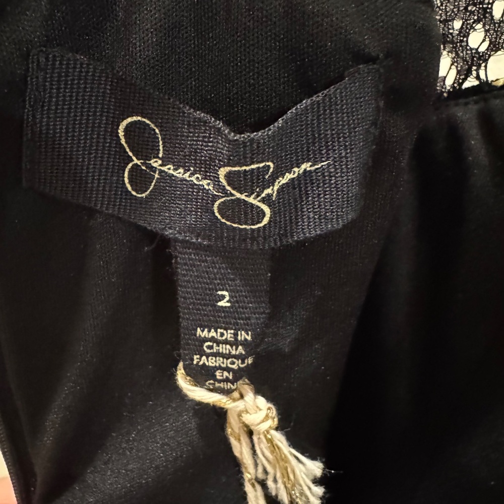 New Women's Jessica Simpson Black and Gold Lace Trim Belted Velvet Dress - Picture 6 of 6